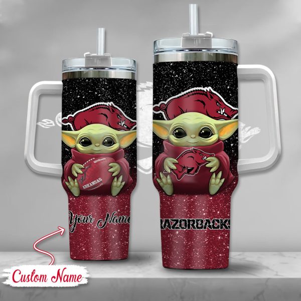 NCAA Arkansas Razorbacks Baby Yoda Custom Stanley Quencher 30oz-40oz Stainless Steel Tumbler Hot And Cold Tumbler
