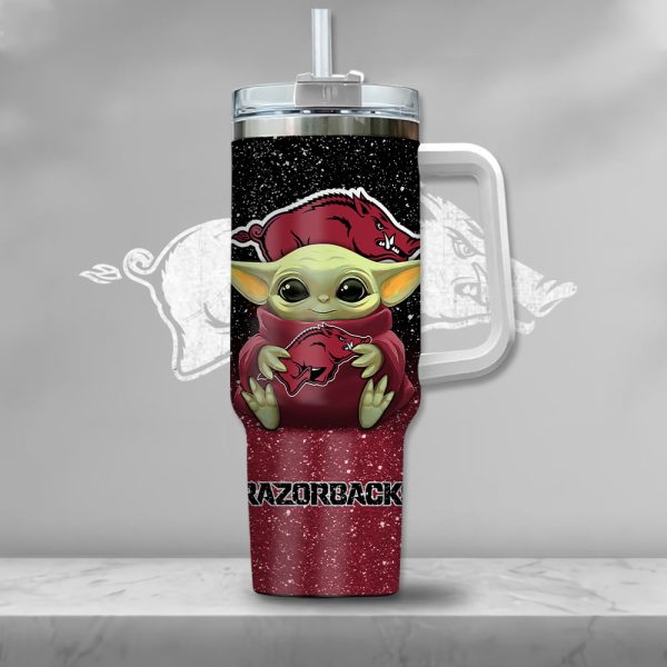 NCAA Arkansas Razorbacks Baby Yoda Custom Stanley Quencher 30oz-40oz Stainless Steel Tumbler Hot And Cold Tumbler - Image 2