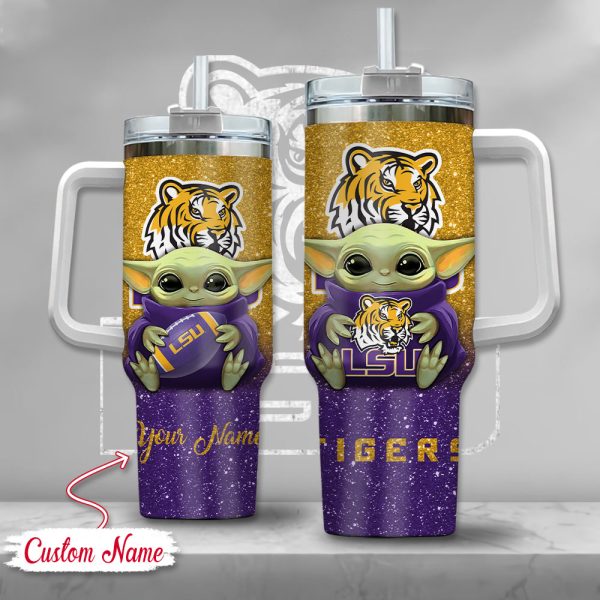 NCAA LSU Tigers Baby Yoda Custom Stanley Quencher 30oz-40oz Stainless Steel Tumbler Hot And Cold Tumbler