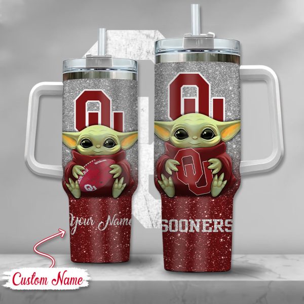 NCAA Oklahoma Sooners Baby Yoda Custom Stanley Quencher 30oz-40oz Stainless Steel Tumbler Hot And Cold Tumbler