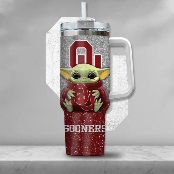 NCAA Oklahoma Sooners Baby Yoda Custom Stanley Quencher 30oz-40oz Stainless Steel Tumbler Hot And Cold Tumbler - Image 2