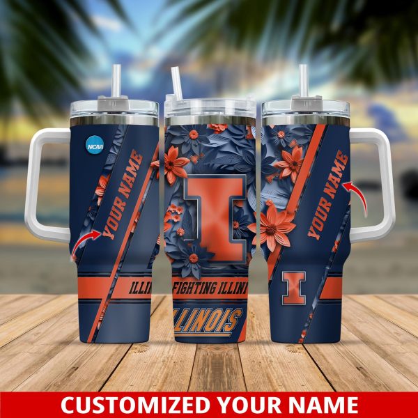 Illinois Fighting Illini NCAA Custom Stanley Quencher 30oz-40oz Stainless Steel Tumbler Hot And Cold Tumbler