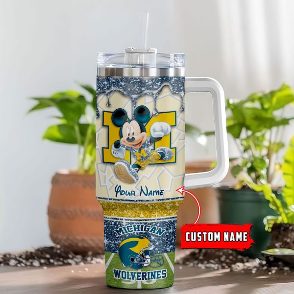 Michigan Wolverines NCAA Mickey Mouse Glitter Custom Stanley Quencher 30oz-40oz Stainless Steel Tumbler Hot And Cold Tumbler