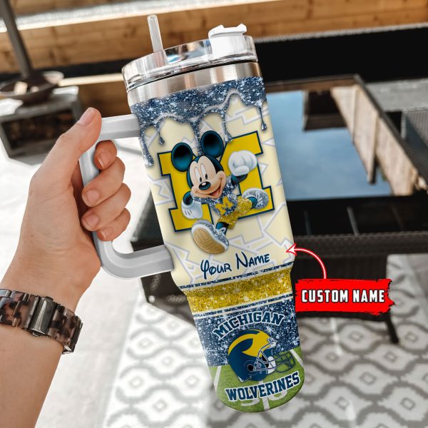 Michigan Wolverines NCAA Mickey Mouse Glitter Custom Stanley Quencher 30oz-40oz Stainless Steel Tumbler Hot And Cold Tumbler - Image 2