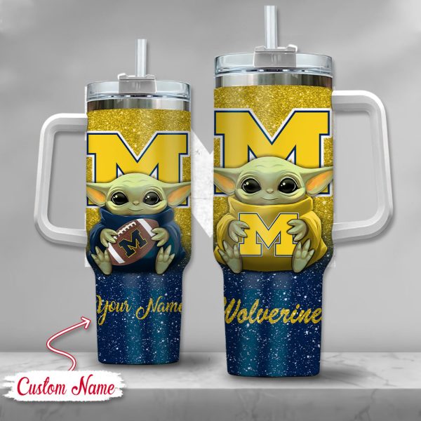 NCAA Michigan Wolverines Baby Yoda Custom Stanley Quencher 30oz-40oz Stainless Steel Tumbler Hot And Cold Tumbler