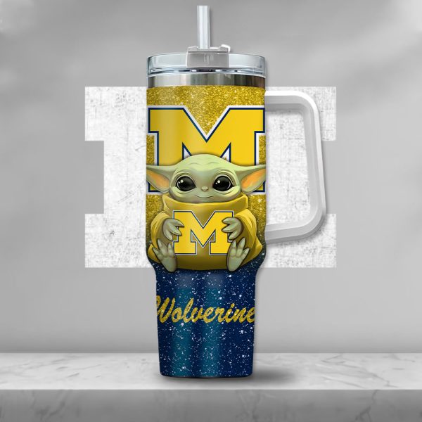 NCAA Michigan Wolverines Baby Yoda Custom Stanley Quencher 30oz-40oz Stainless Steel Tumbler Hot And Cold Tumbler - Image 2