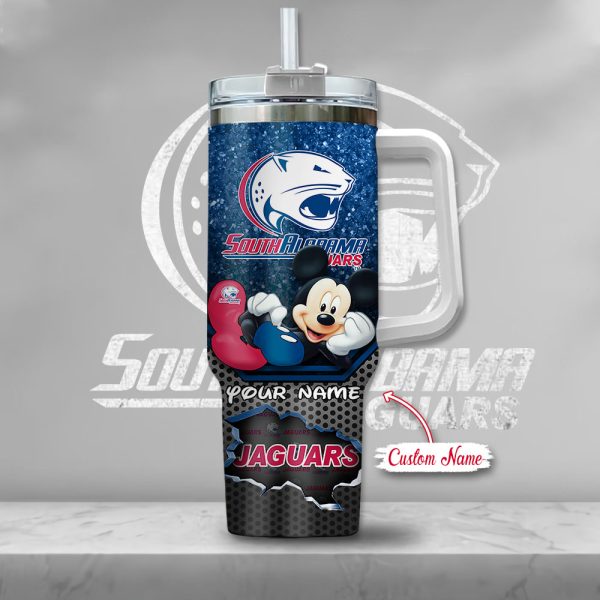NCAA South Alabama Jaguars Mickey Mouse Custom Stanley Quencher 30oz-40oz Stainless Steel Tumbler Hot And Cold Tumbler - Image 2