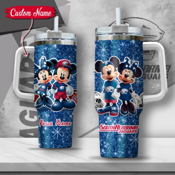NCAA South Alabama Jaguars Mickey And Minnie Couple Custom Stanley Quencher 30oz-40oz Stainless Steel Tumbler Hot And Cold Tumbler