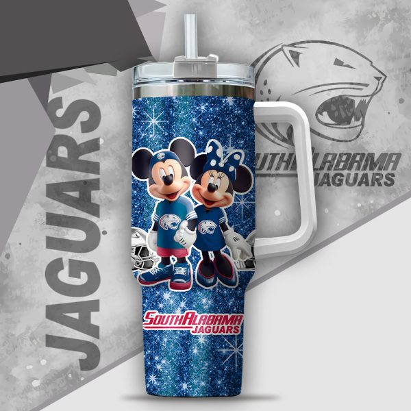 NCAA South Alabama Jaguars Mickey And Minnie Couple Custom Stanley Quencher 30oz-40oz Stainless Steel Tumbler Hot And Cold Tumbler - Image 2