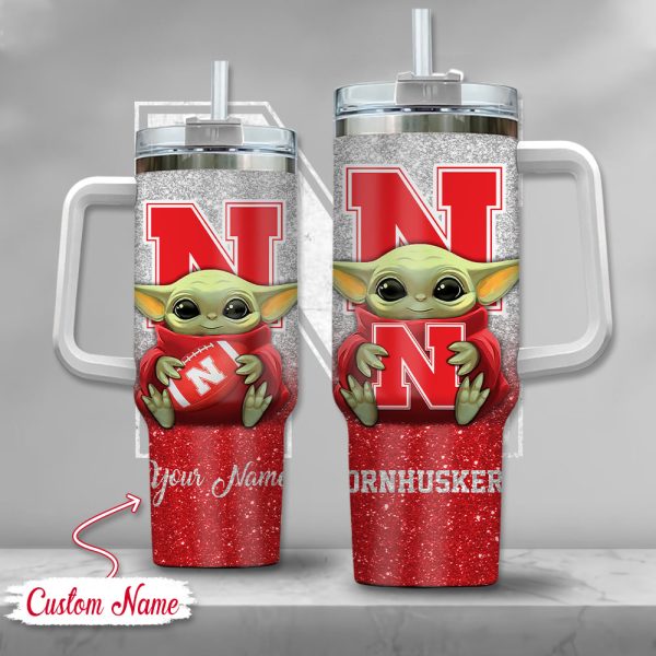 NCAA Nebraska Cornhuskers Baby Yoda Custom Stanley Quencher 30oz-40oz Stainless Steel Tumbler Hot And Cold Tumbler
