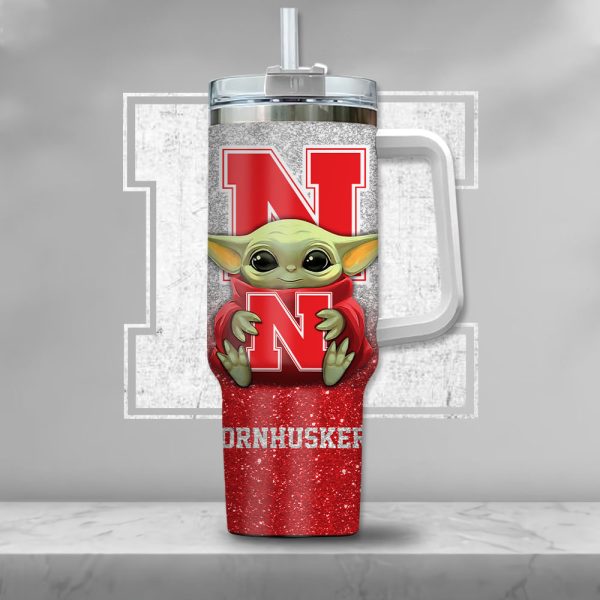 NCAA Nebraska Cornhuskers Baby Yoda Custom Stanley Quencher 30oz-40oz Stainless Steel Tumbler Hot And Cold Tumbler - Image 2
