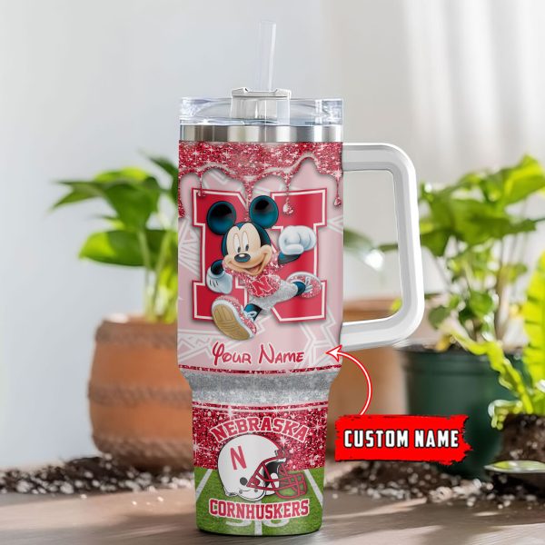 Nebraska Cornhuskers NCAA Mickey Mouse Glitter Custom Stanley Quencher 30oz-40oz Stainless Steel Tumbler Hot And Cold Tumbler