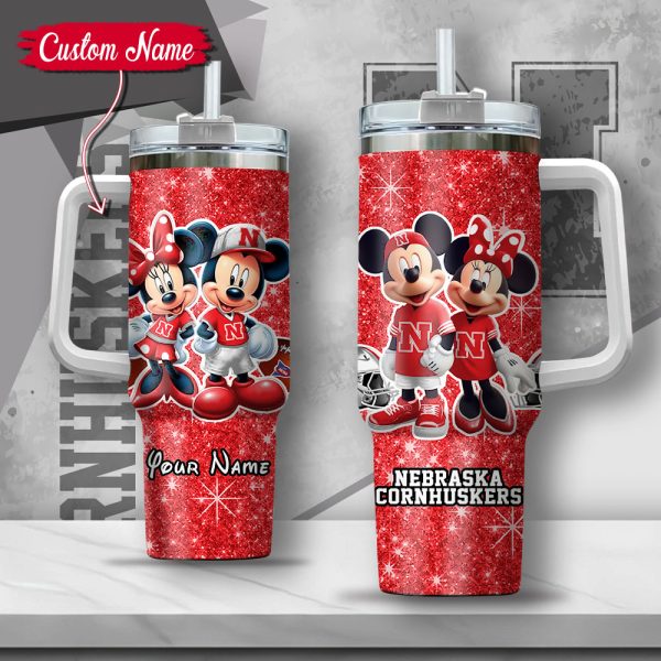 NCAA Nebraska Cornhuskers Mickey And Minnie Couple Custom Stanley Quencher 30oz-40oz Stainless Steel Tumbler Hot And Cold Tumbler