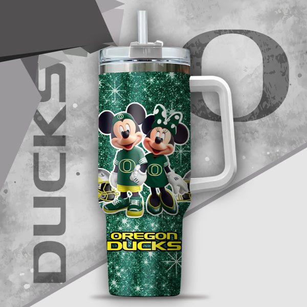 NCAA Oregon Ducks Mickey And Minnie Couple Custom Stanley Quencher 30oz-40oz Stainless Steel Tumbler Hot And Cold Tumbler - Image 2