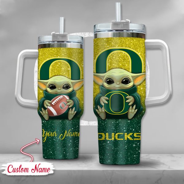 NCAA Oregon Ducks Baby Yoda Custom Stanley Quencher 30oz-40oz Stainless Steel Tumbler Hot And Cold Tumbler
