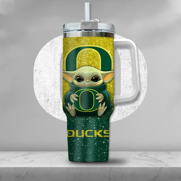 NCAA Oregon Ducks Baby Yoda Custom Stanley Quencher 30oz-40oz Stainless Steel Tumbler Hot And Cold Tumbler - Image 2