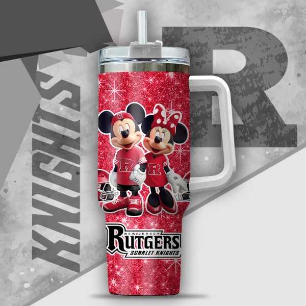 NCAA Rutgers Scarlet Knights Mickey And Minnie Couple Custom Stanley Quencher 30oz-40oz Stainless Steel Tumbler Hot And Cold Tumbler - Image 2