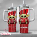 NCAA Wisconsin Badgers Baby Yoda Custom Stanley Quencher 30oz-40oz Stainless Steel Tumbler Hot And Cold Tumbler