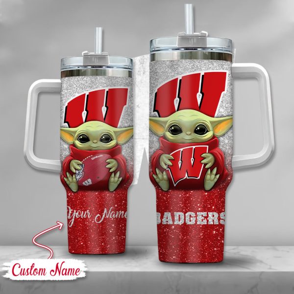NCAA Wisconsin Badgers Baby Yoda Custom Stanley Quencher 30oz-40oz Stainless Steel Tumbler Hot And Cold Tumbler
