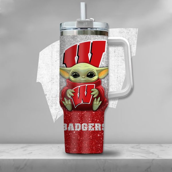 NCAA Wisconsin Badgers Baby Yoda Custom Stanley Quencher 30oz-40oz Stainless Steel Tumbler Hot And Cold Tumbler - Image 2