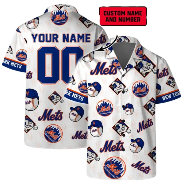 New York Mets Logo Personalized Name And Number Aloha Hawaiian Shirt for Men And Women