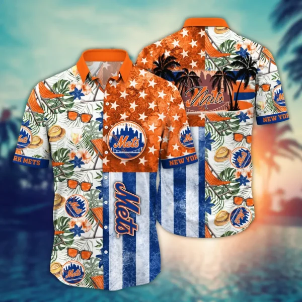 New York Mets Monstera Leaves American Flag Aloha Hawaiian Shirt for Men And Women