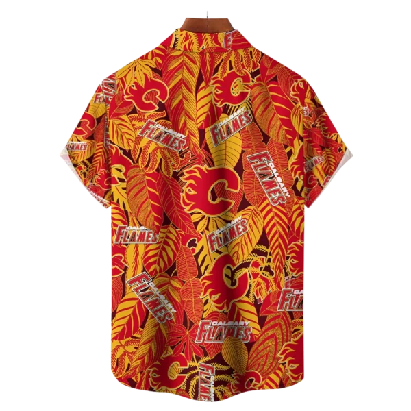 Calgary Flames NHL Hawaiian Tropical Leaves Shirt - Image 2