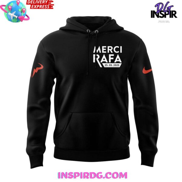 Offical Rafael Nadal Roland Garros Merci Rafa 2025 Black Hoodie - Image 2