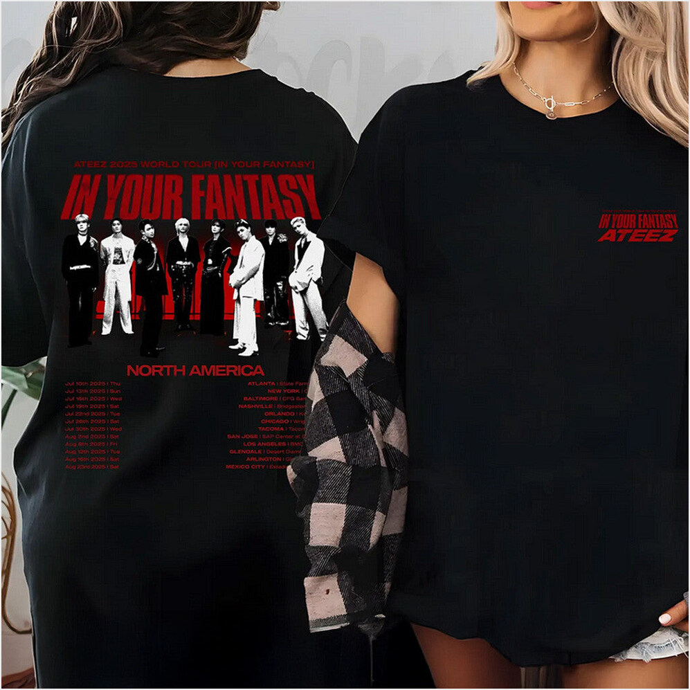 Retro Ateez 2025 World Tour in Your Fantasy Tour Tracklist T-Shirt Ateez Merch Black