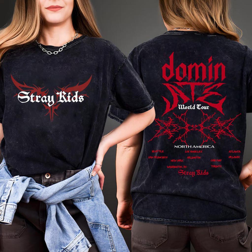 Retro Stray Kids Domiate Mineral Wash Black Shirt Stray Kids Domiate World Tour Shirt