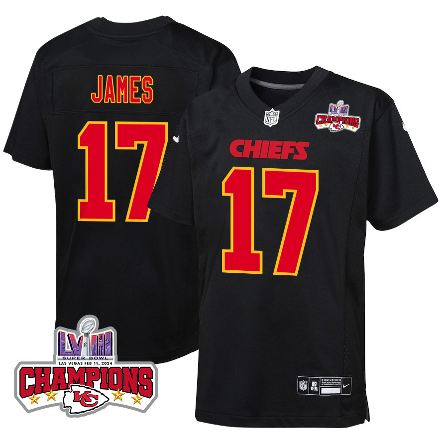 Richie James 17 Kansas City Chiefs Super Bowl LVIII Champions 4 Stars Patch Fashion Game YOUTH Jersey - Carbon Black - JSDV298