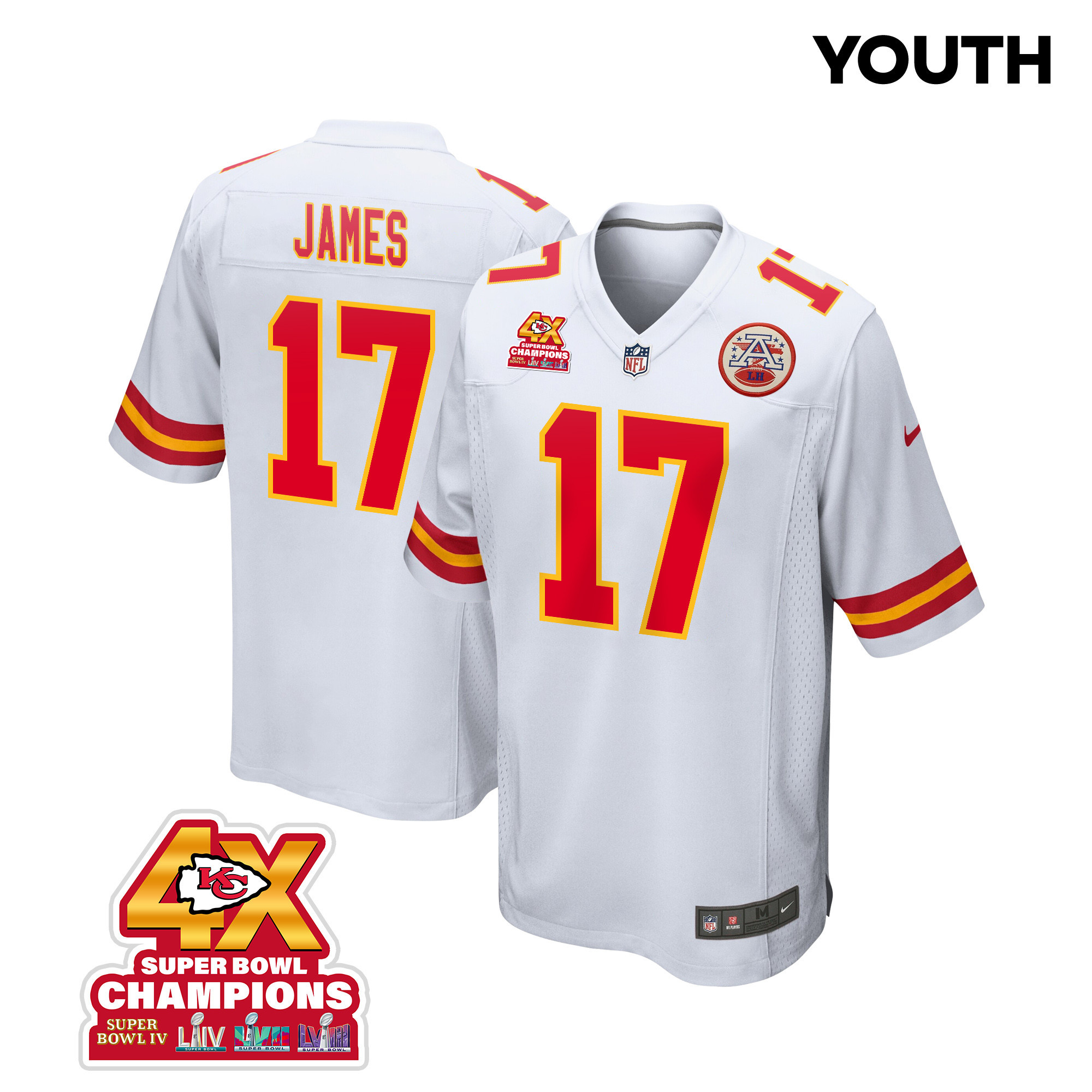 Richie James 17 Kansas City Chiefs Super Bowl LVIII Champions 4X Game YOUTH Jersey - White - JSDV723