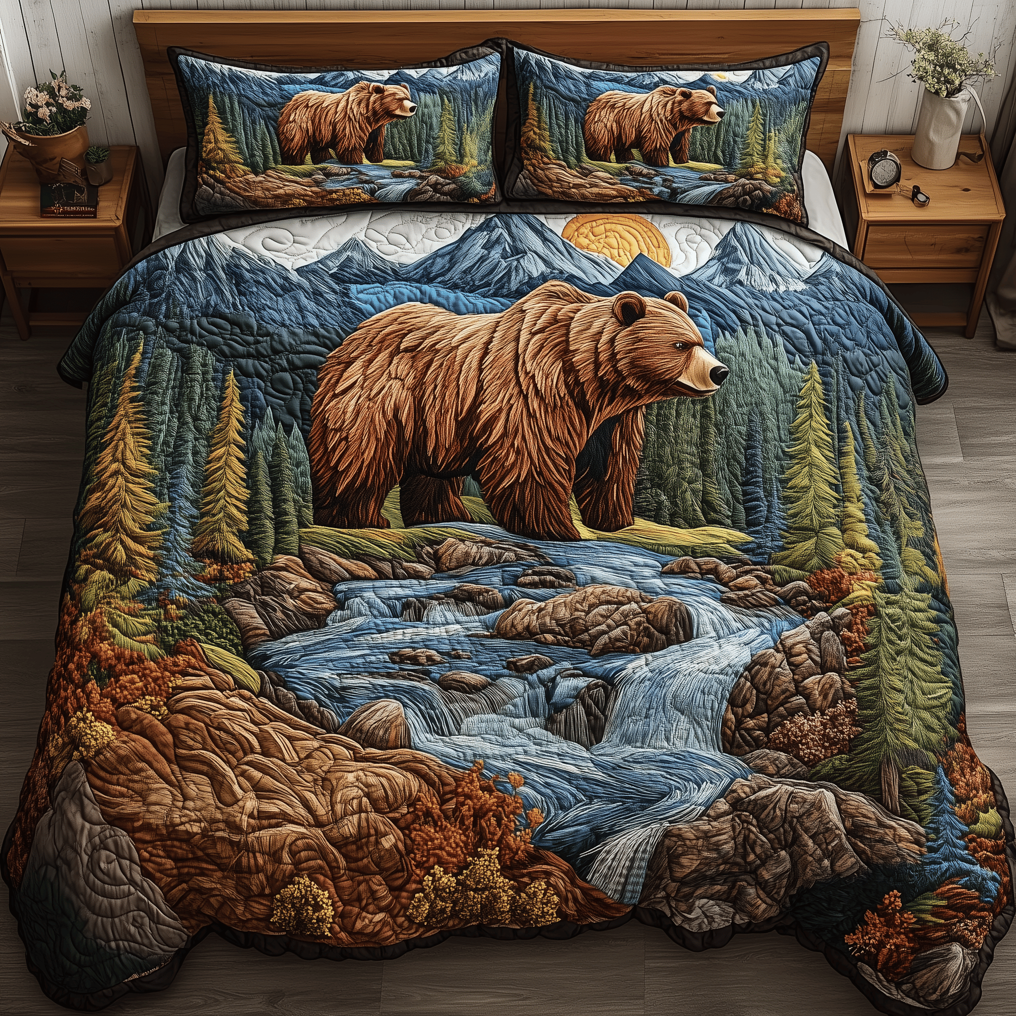 Riverside Majestic Bear Quilted Bedding Set Best Valentines Duvet Cover Set Best Gifts For Wife