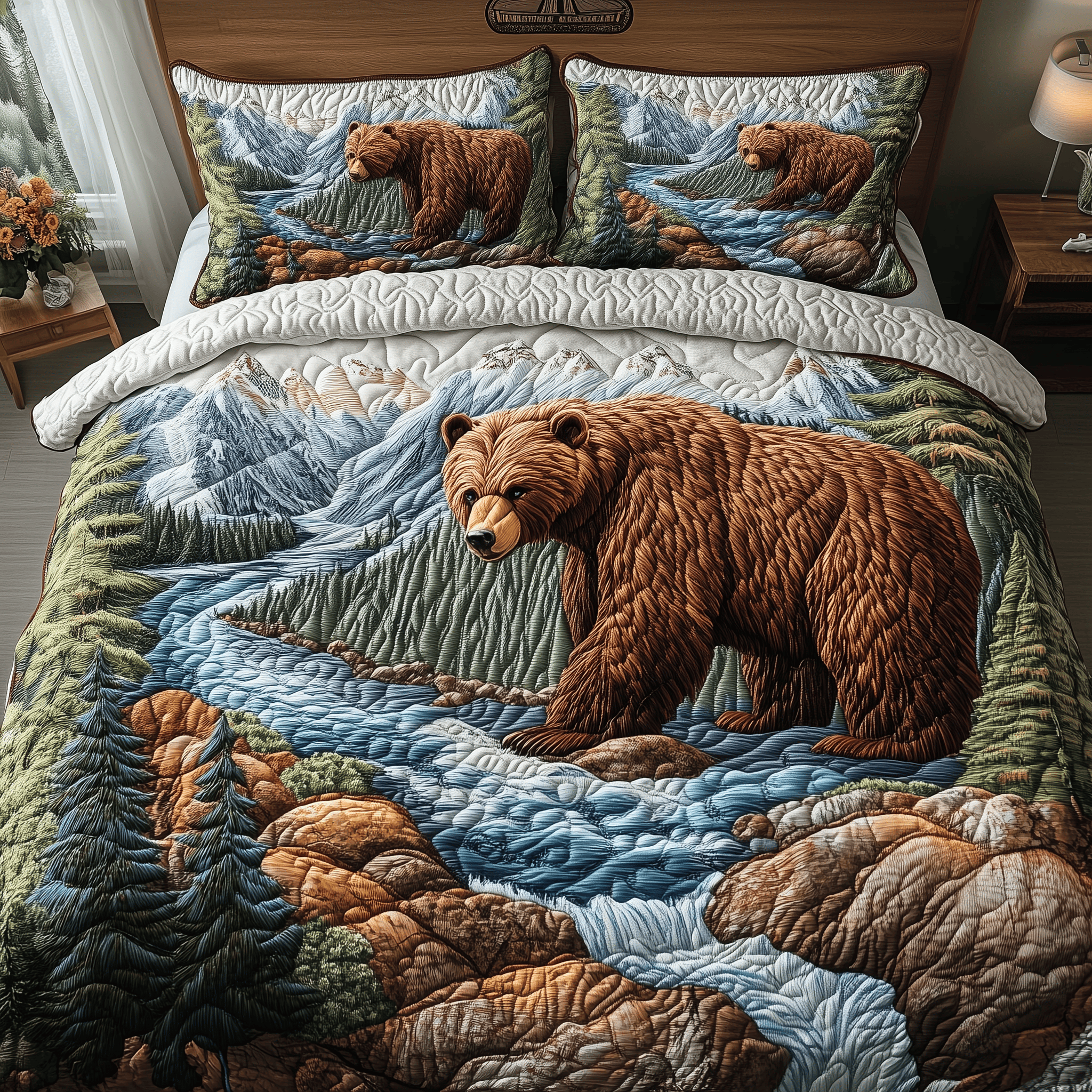 Riverside Majestic Bear Quilted Bedding Set Best Valentines Duvet Cover Set Gifts For Bear Lovers