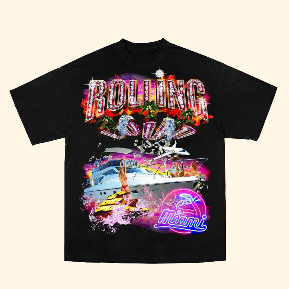 RL Miami 23 Yacht Party Bling Black T-Shirt Rolling Loud Merch Mother's Day Presents