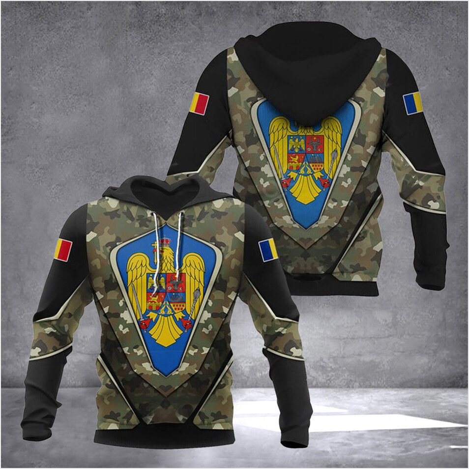 Romania Coat Of Arms Camouflage Army Hoodie Romania Flag With Crest Clothing Christmas Presents
