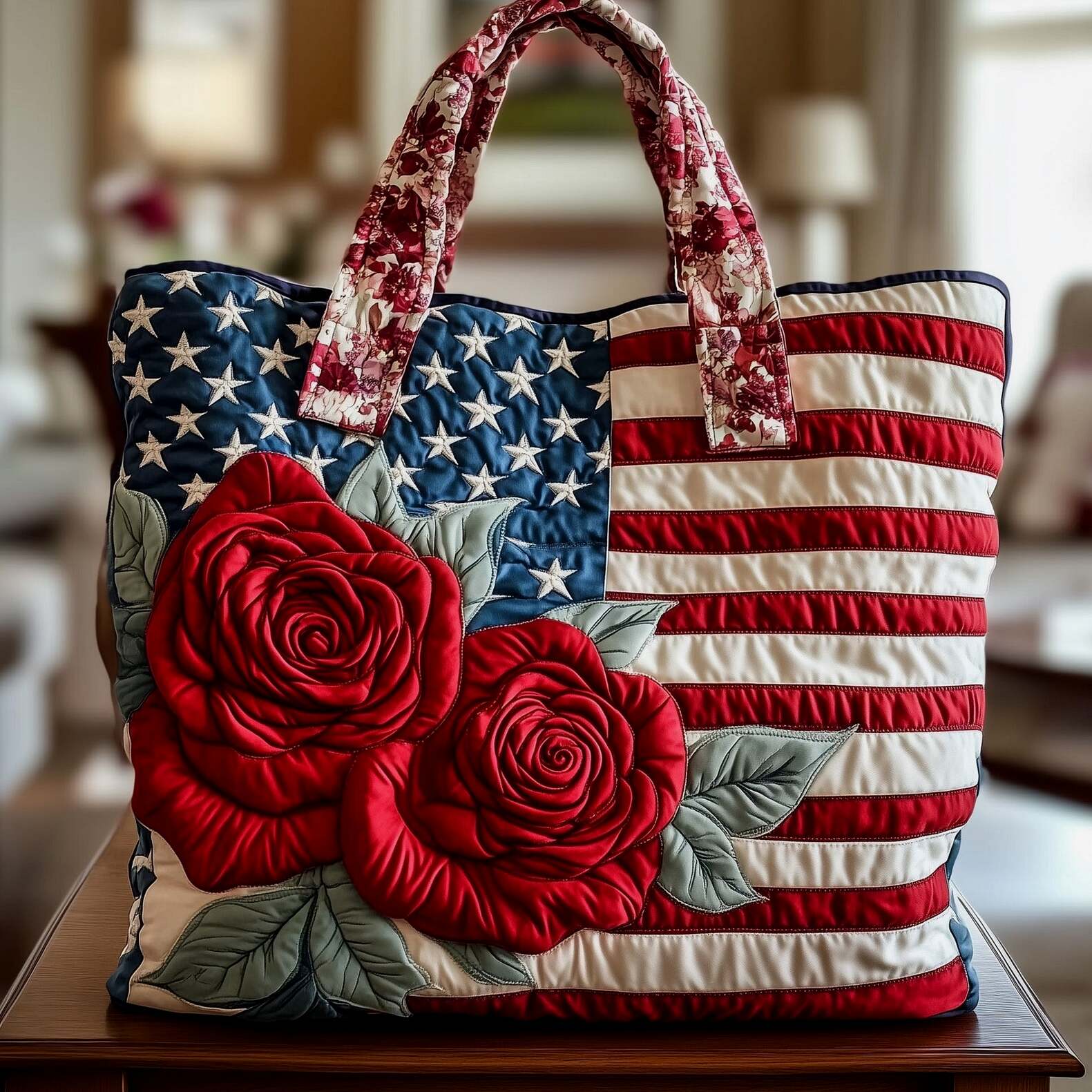Rose Patriotic USA Flag Quilted Tote Bag Gifts For Mom Birthday Gifts For Fans
