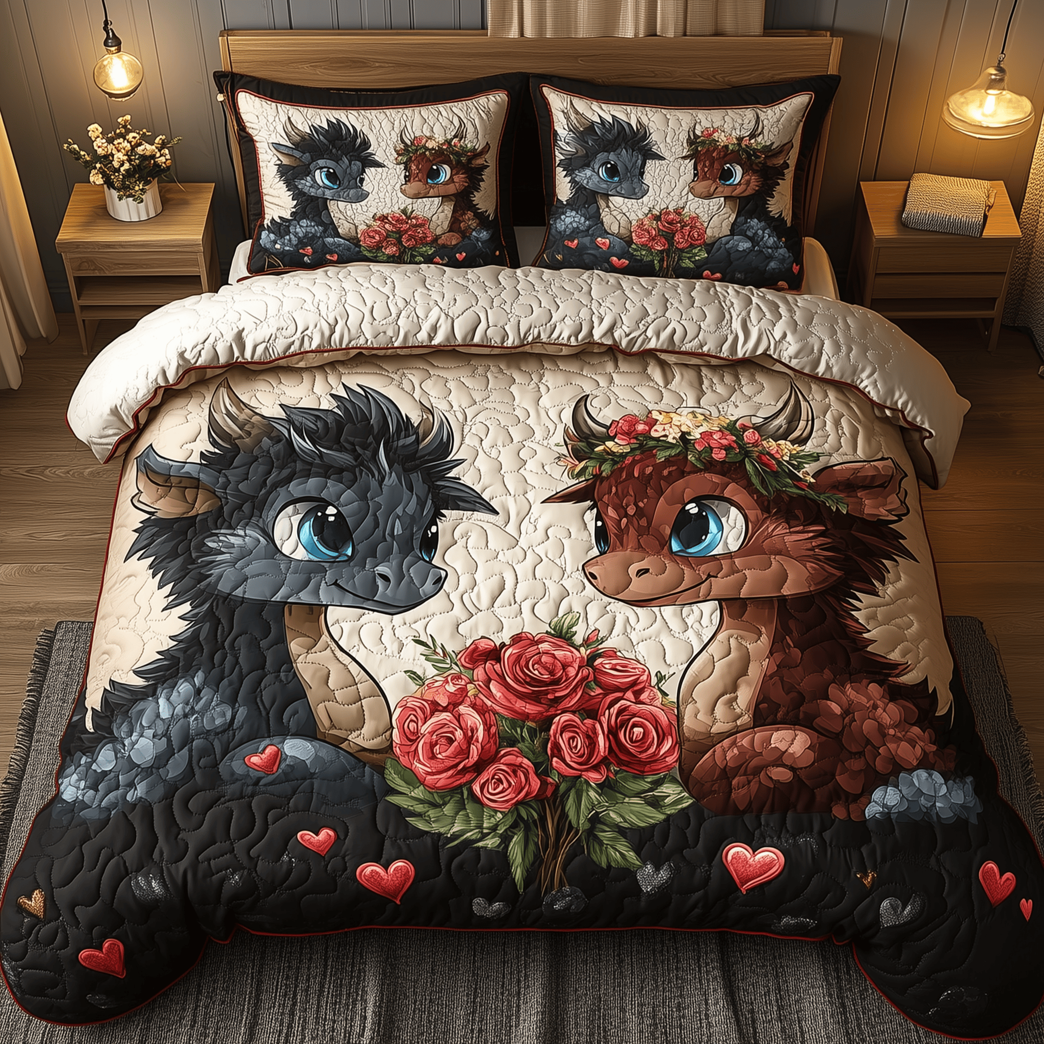 Rosebound Dragon Pair Quilted Bedding Set Unique Valentines Duvet Cover Set Dragonfly Gifts For Her
