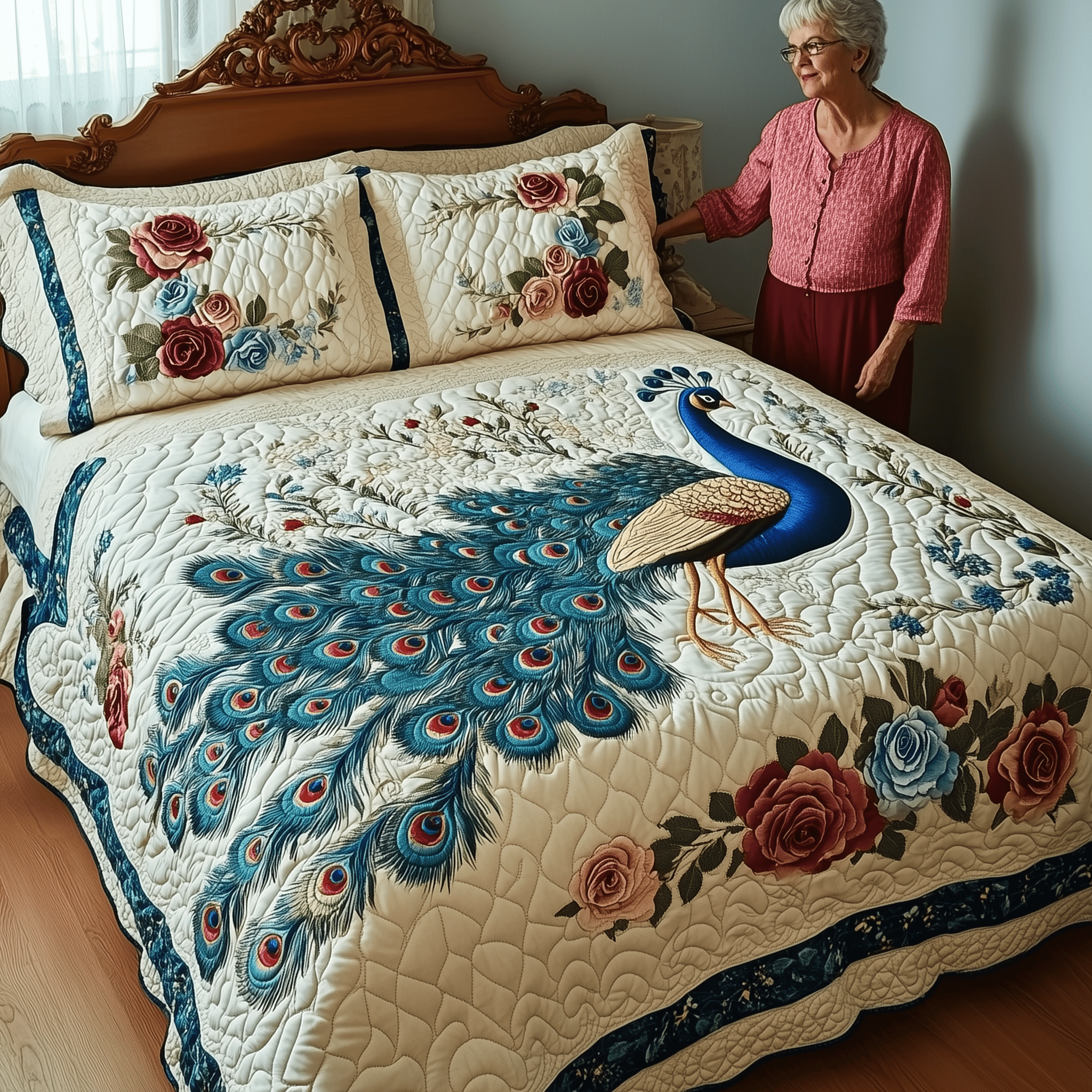 Royal Peacock Quilted Bedding Set Happy Mother's Day Duvet Cover Creative Mother's Day Gifts