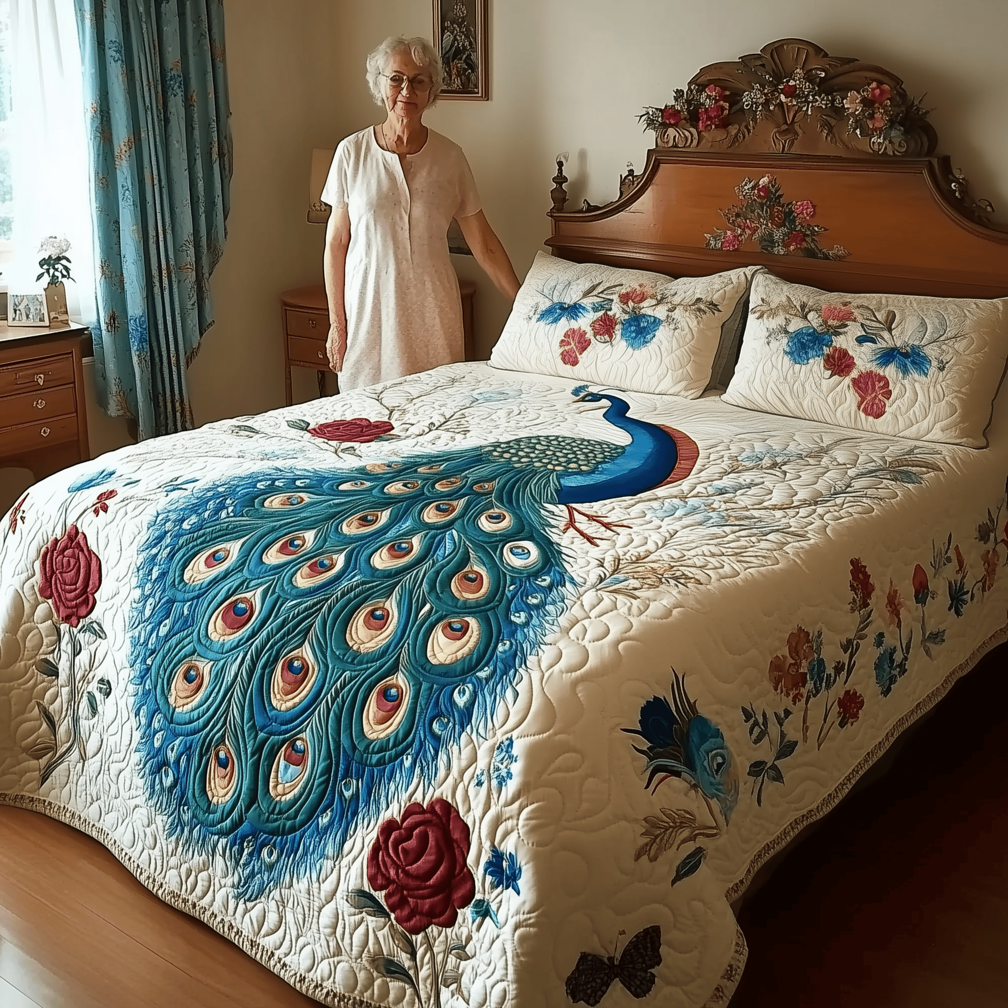 Royal Peacock Quilted Bedding Set Happy Mother's Day Duvet Cover First Mothers Day Gift Ideas