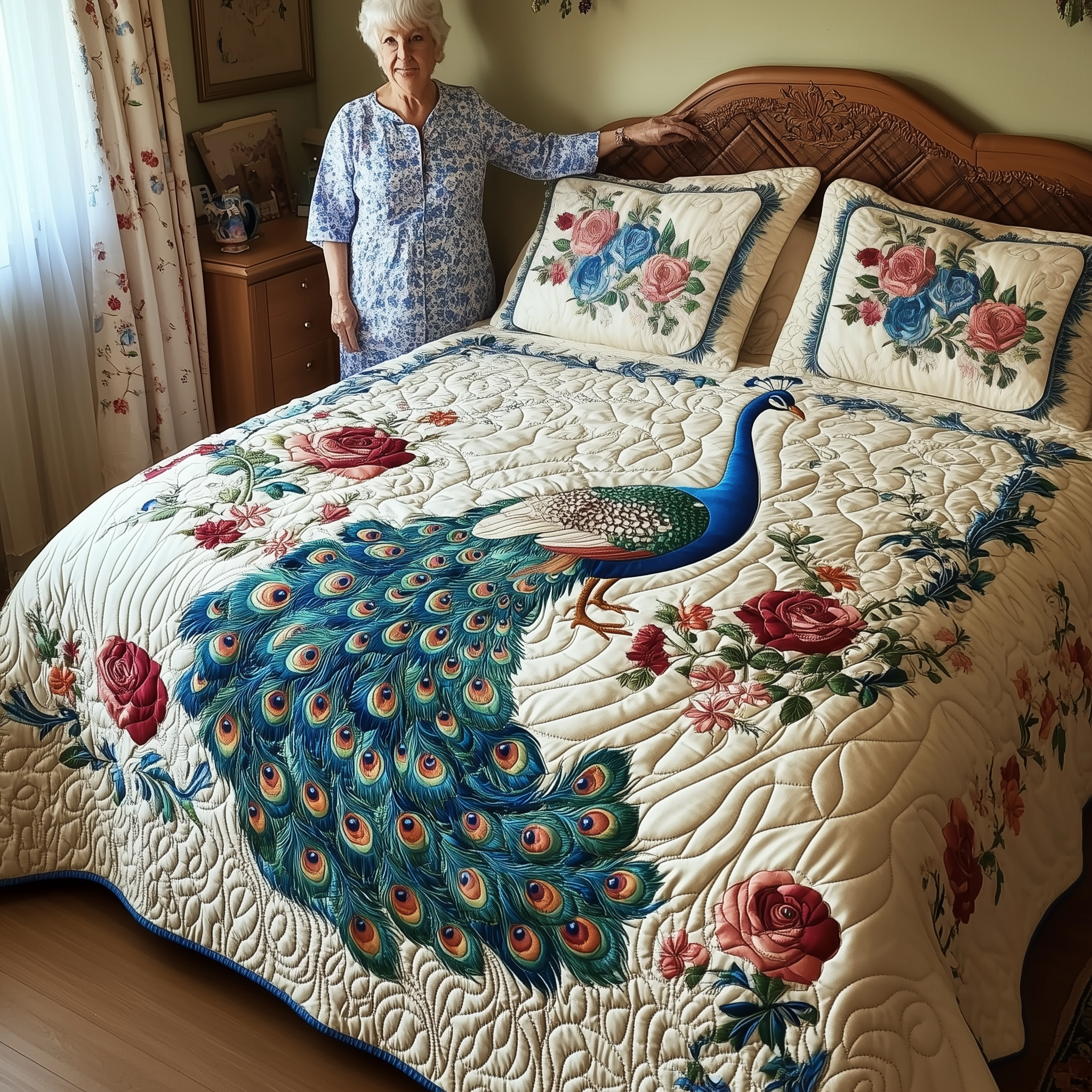 Royal Peacock Quilted Bedding Set Happy Mother's Day Duvet Cover Mother Daughter Gifts