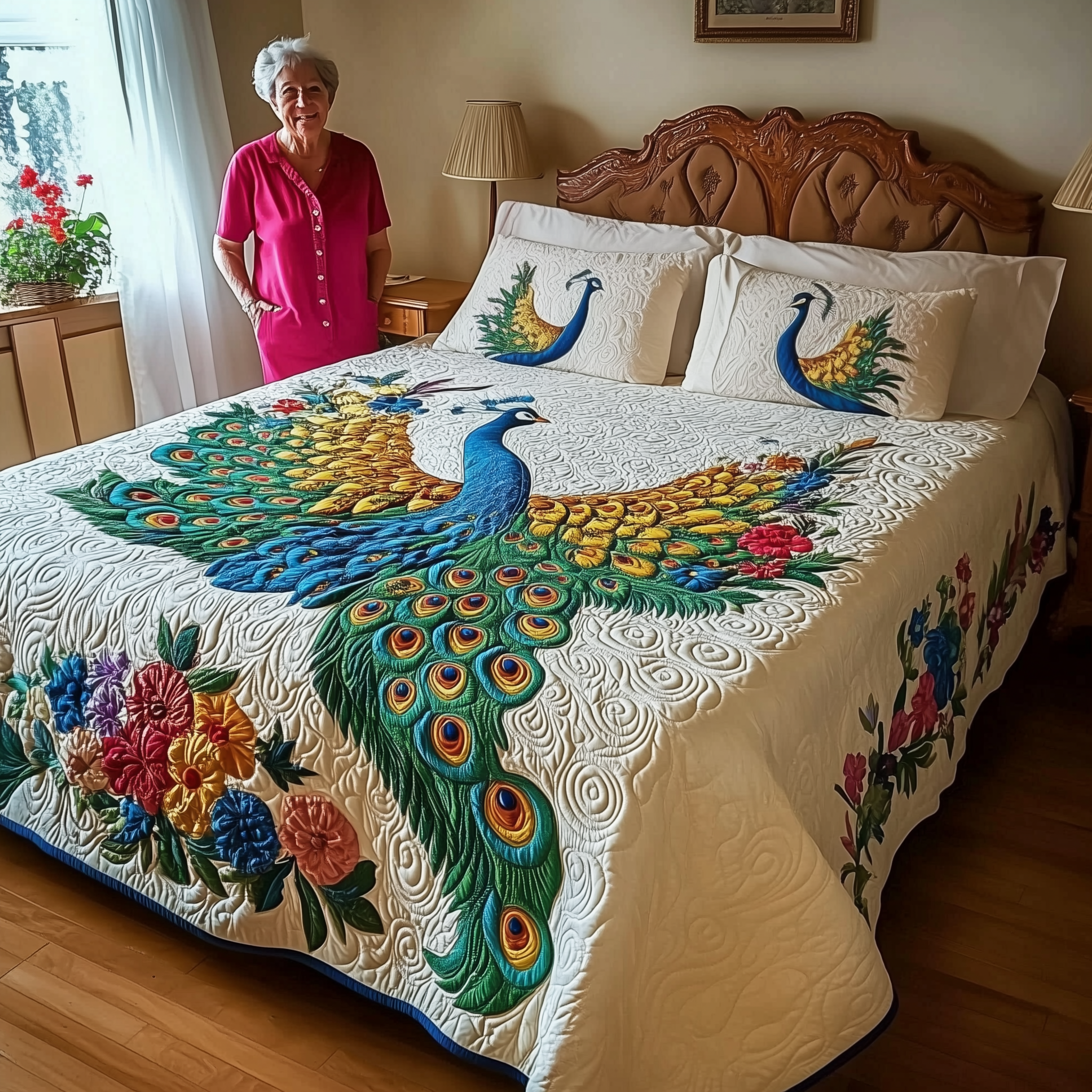 Royal Peacock Quilted Bedding Set Happy Mother's Day Duvet Cover Unique Gifts For Mom