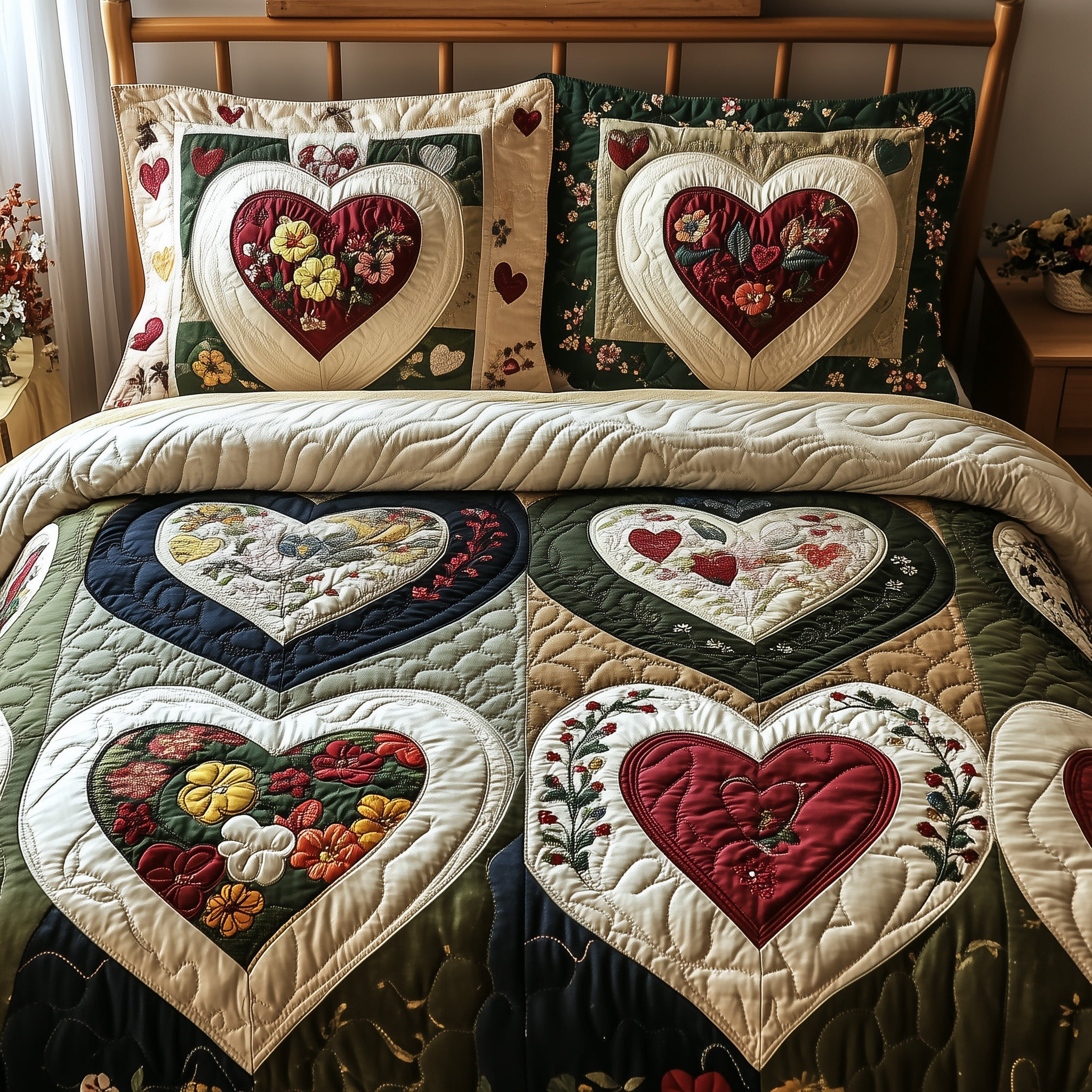 Rustic Bloom Heart Quilted Bedding Set Duvet Cover Bedspread Set Item Valentines Day Gift For Husband
