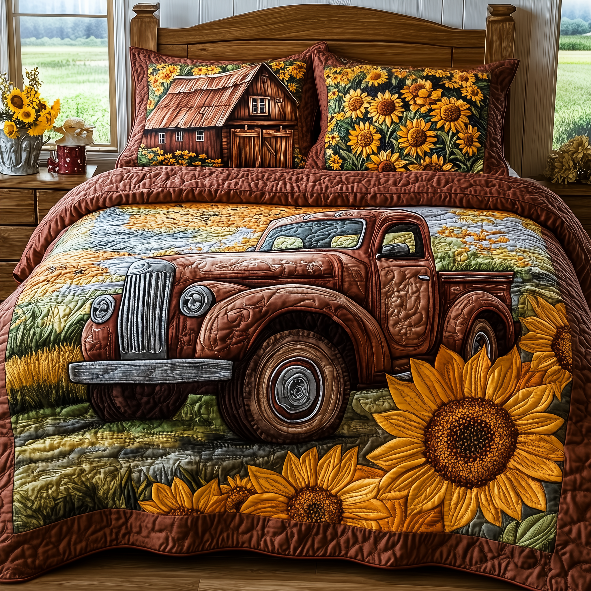 Rustic Farmhouse Truck Quilted Bedding Set Valentines Day Duvet Cover Set Gifts For Farmer