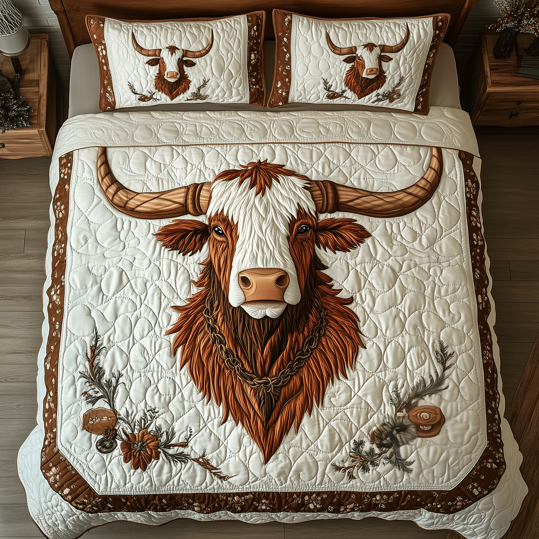 Rustic Longhorn Cow Quilted Bedding Set Unique Valentines Duvet Cover Set Best Gifts For Cow Lovers