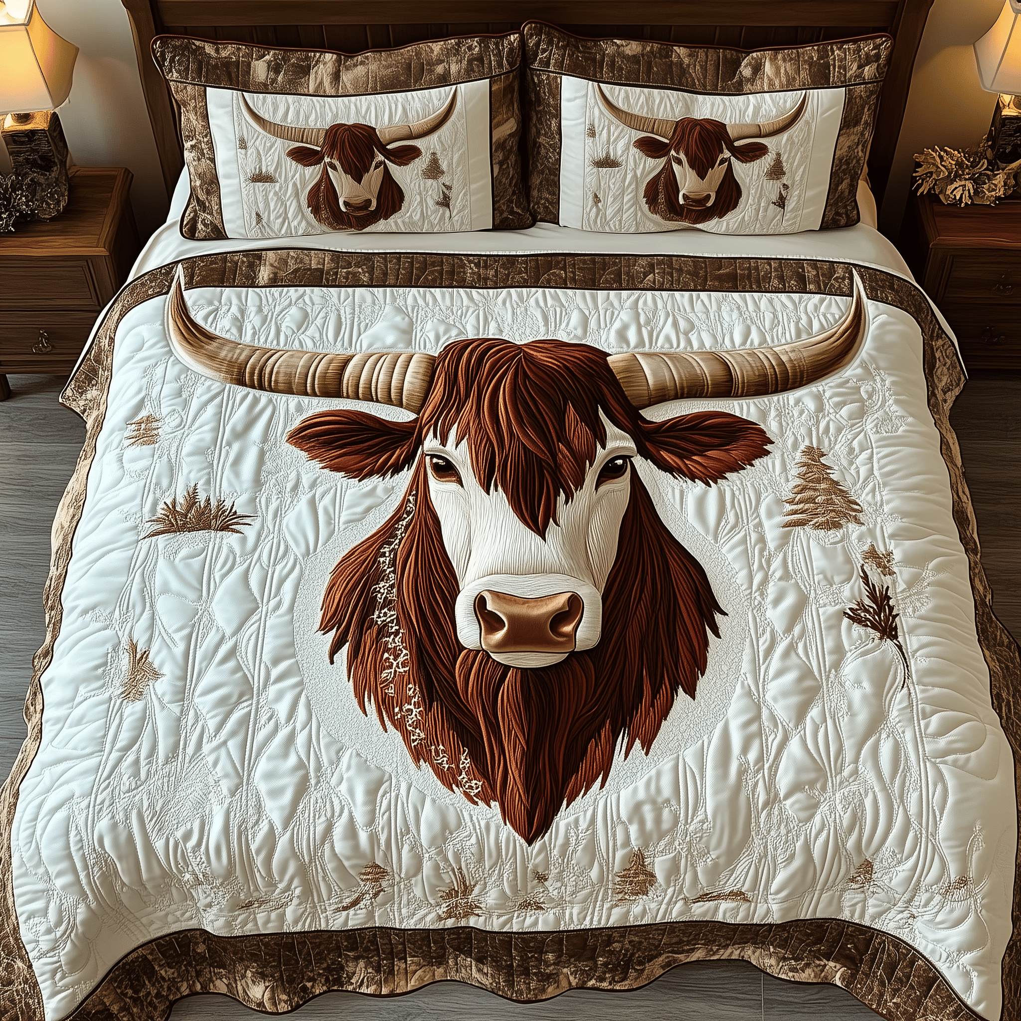 Rustic Longhorn Cow Quilted Bedding Set Unique Valentines Duvet Cover Set Cow Gifts For Cow Lovers