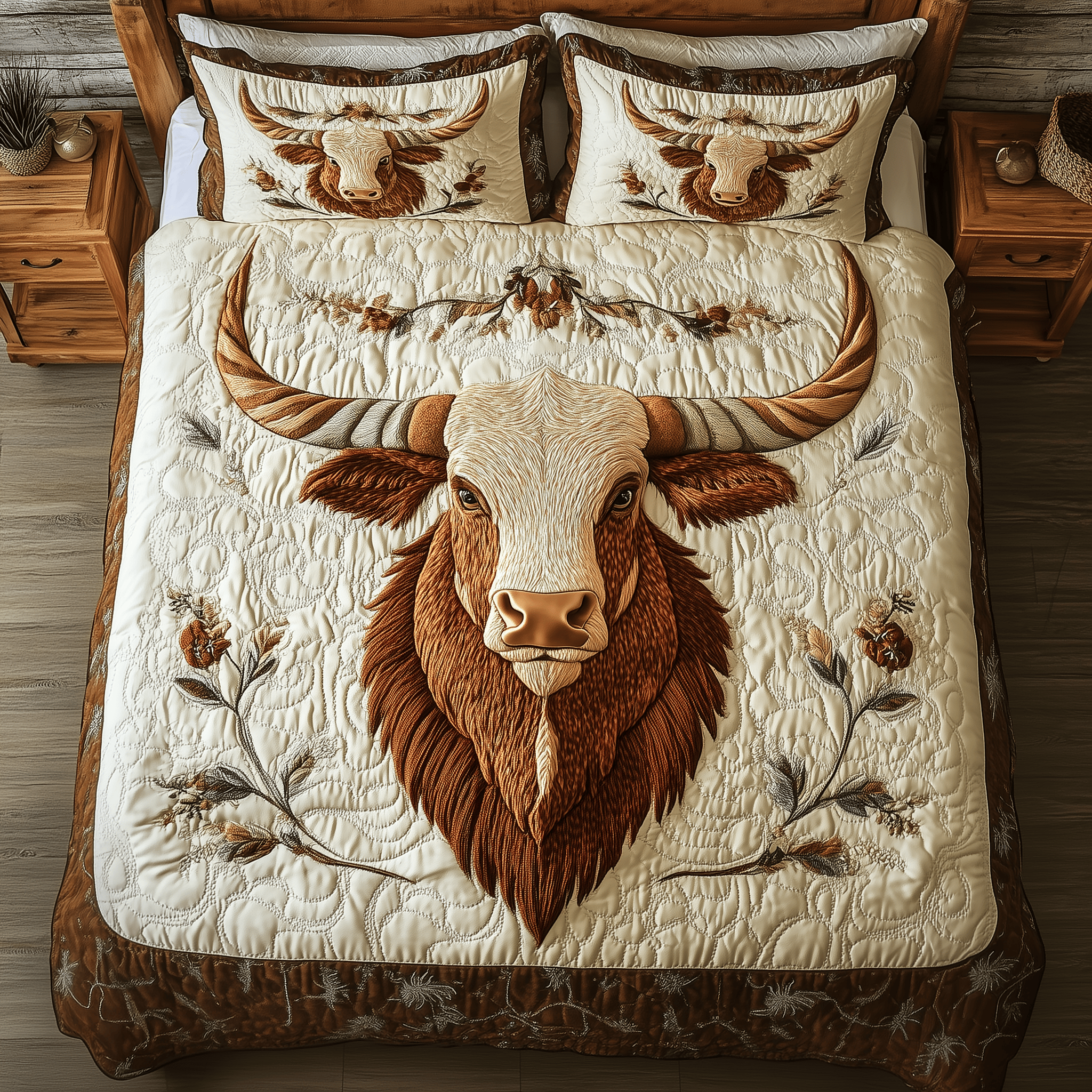 Rustic Longhorn Cow Quilted Bedding Set Unique Valentines Duvet Cover Set Gift Ideas For Cow Lovers
