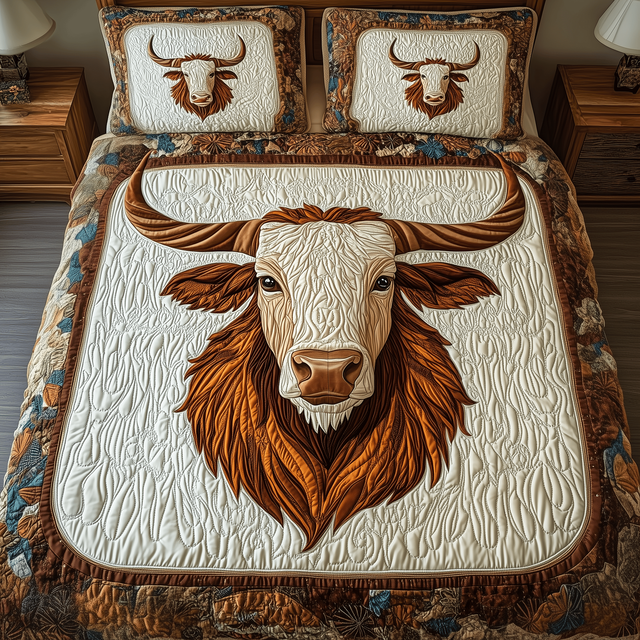 Rustic Longhorn Cow Quilted Bedding Set Unique Valentines Duvet Cover Set Gifts For Cow Lovers