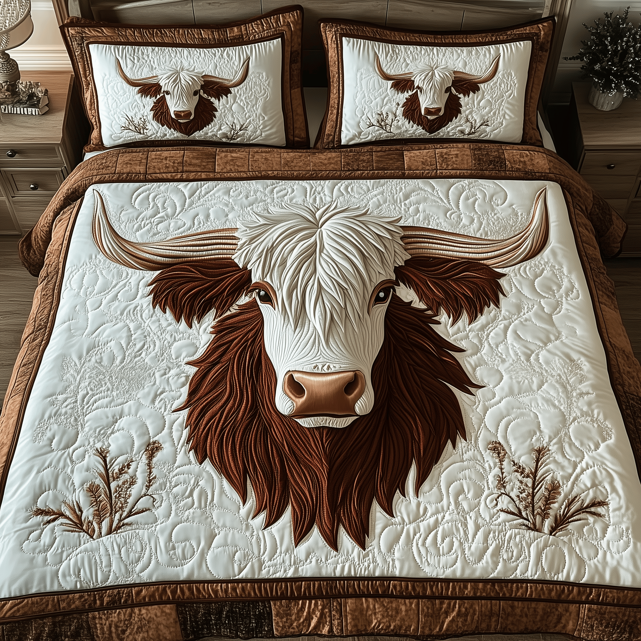 Rustic Longhorn Cow Quilted Bedding Set Unique Valentines Duvet Cover Set Gifts For Highland Cow Lovers