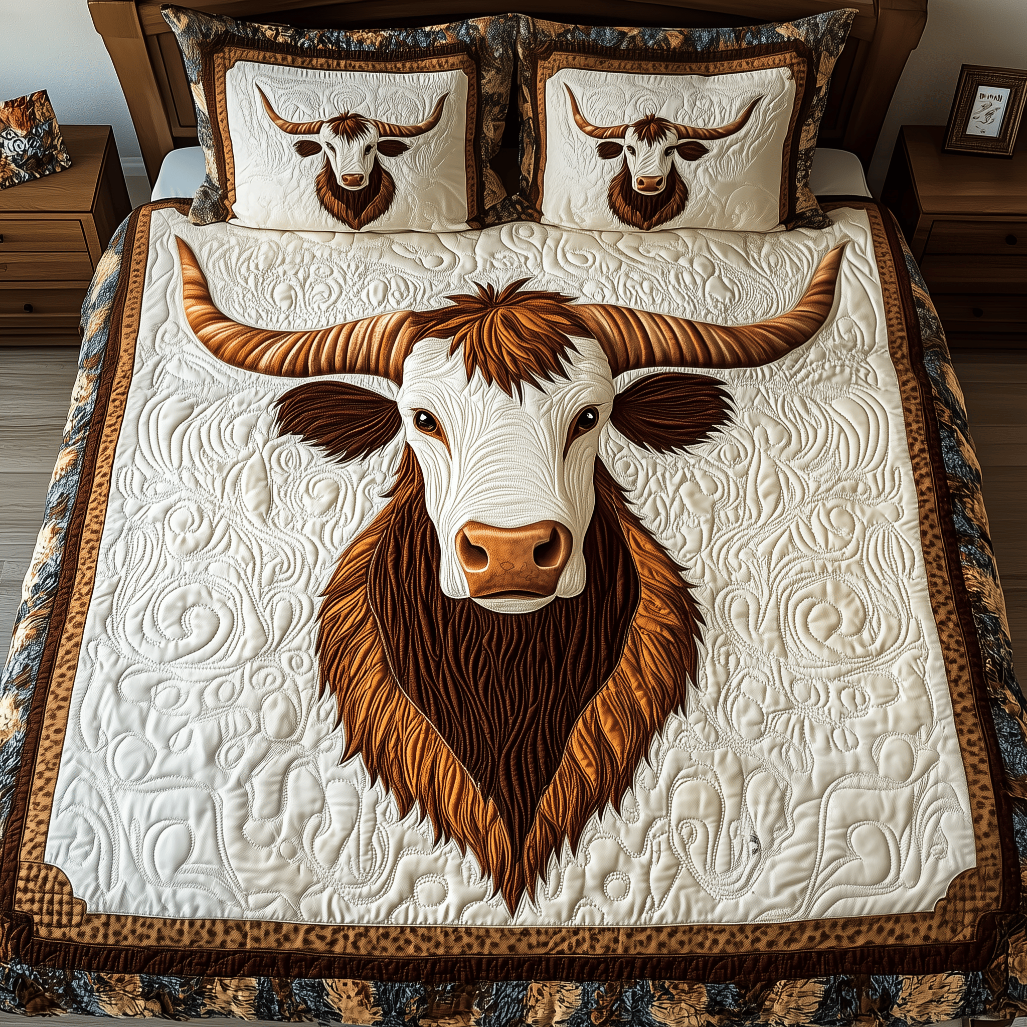 Rustic Longhorn Cow Quilted Bedding Set Unique Valentines Duvet Cover Set Presents For Cow Lovers